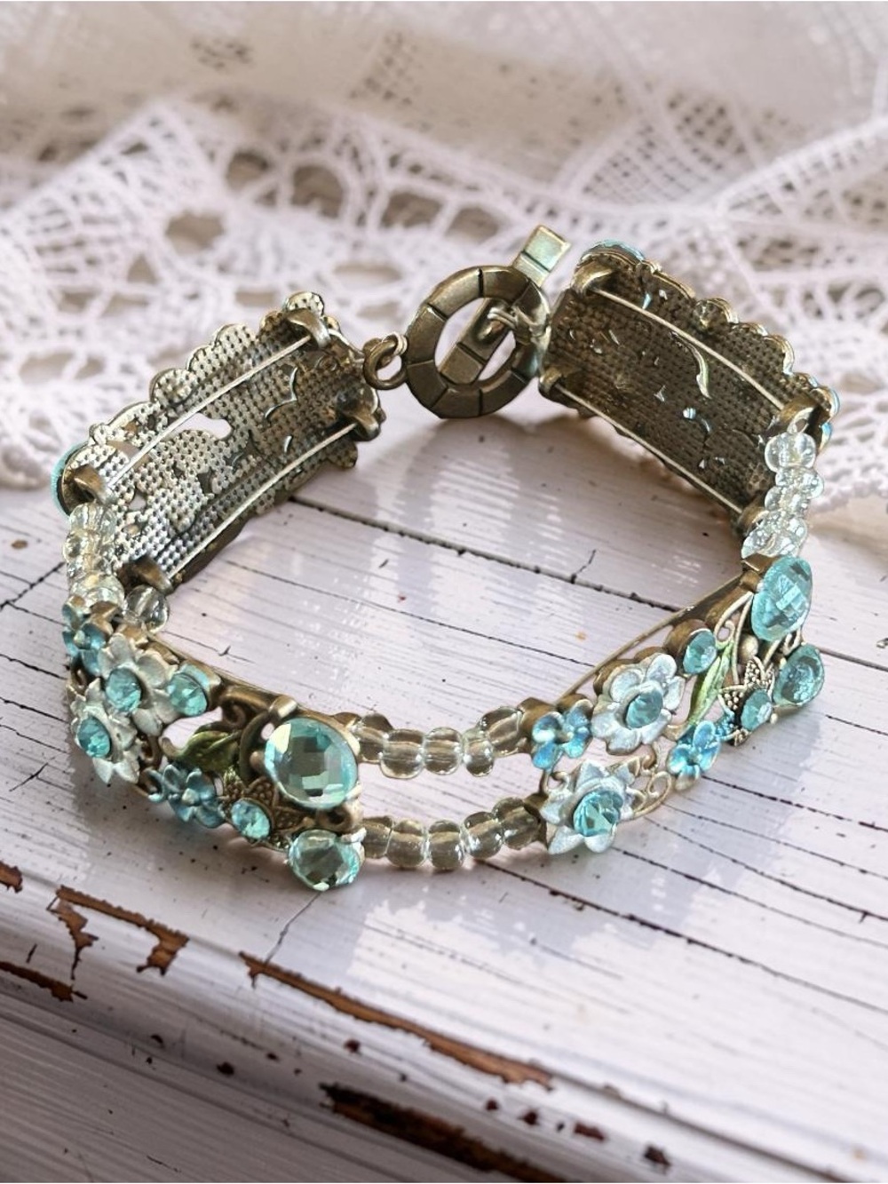 Unbranded Blue Floral Rhinestone Beaded Chain Filigree Bracelet Toggle Clasp